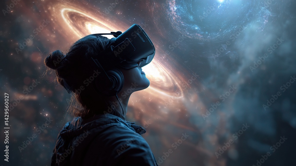 Aufkleber user enjoying virtual reality in a cosmic universe background