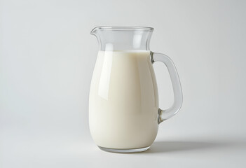 Glass Pitcher Filled with White Milk Isolated on White for Dairy and Breakfast Concepts Featuring a Clear Jug of Fresh Milk for Nutrition and Refreshment Imagery: Glass, Pitcher, White, Milk, Isolated