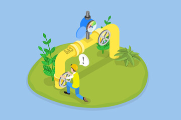 3D Isometric Flat Vector Illustration of Oil or Gas Pipeline Service, Pumping Station Transport Industry