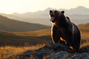 Brown bear roaring on a rocky hill with mountains in the background during golden hour light