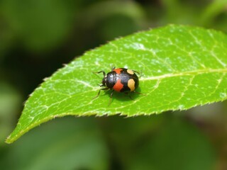 A black and red bug is on a leaf