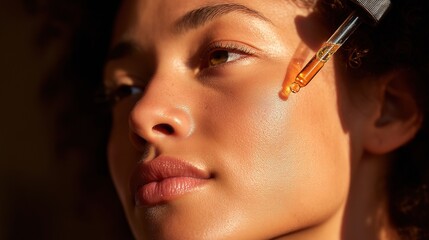 Radiant Woman Applying Vitamin Serum in Soft Natural Light