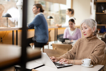 Focused mature woman drinking coffee while working on laptop in cozy cafe