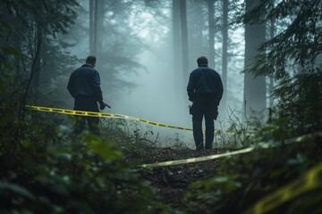 Detectives investigating crime scene in foggy forest