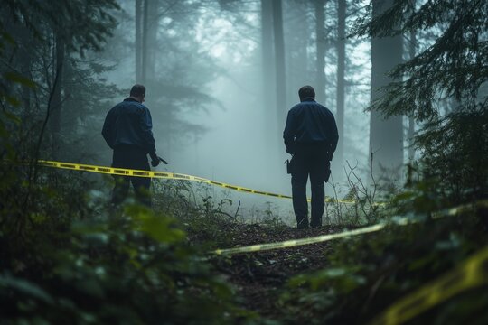 Detectives investigating crime scene in foggy forest