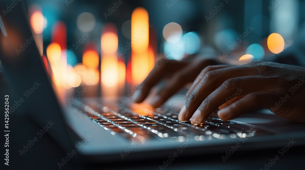 Poster hands typing on laptop with virtual banking interface background