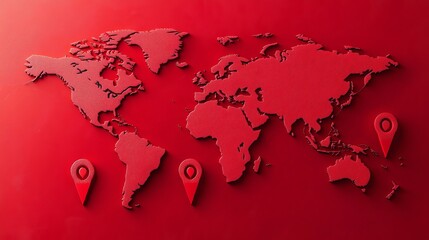 Red 3D World Map with Location Pins Global Business Travel Navigation Red Background International Destinations World Map Graphic Design Element      