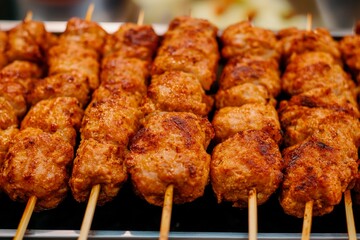Rows of marinated chicken skewers are ready for grilling at a lively outdoor market. The evening atmosphere enhances the rich aroma of spices and cooking meat