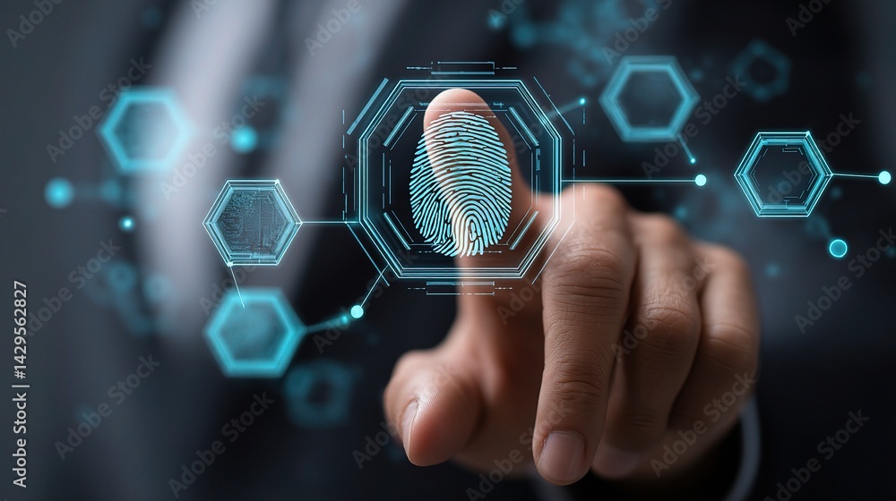Poster fingerprint authentication technology in cybersecurity business concept