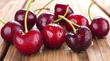 Juicy Red Cherries on Wooden Background Fresh Summer Fruit