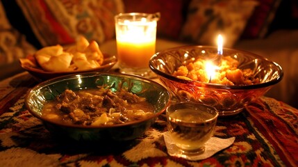 Fototapeta premium Warm Candlelit Dinner, Delicious Stew, Flatbread, and Dessert