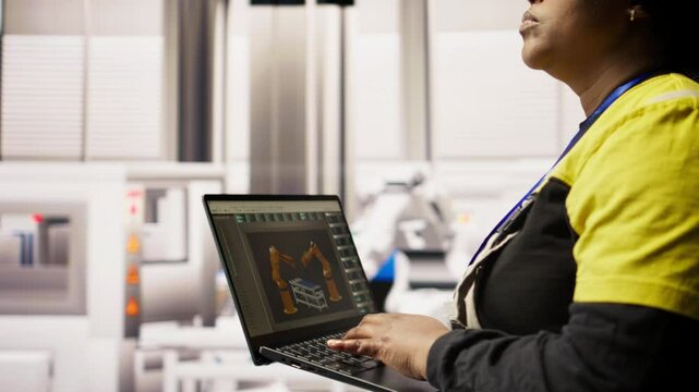 Technician in sustainable industrial plant monitors production equipment using laptop, diagnosing malfunctions. Factory worker coordinates repair tasks on solar module assembly line, camera A close up