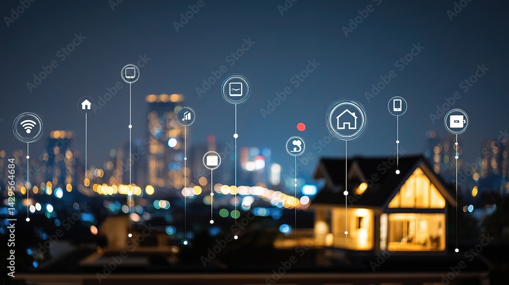 Poster modern smart home control system concept with dashboard and icons
