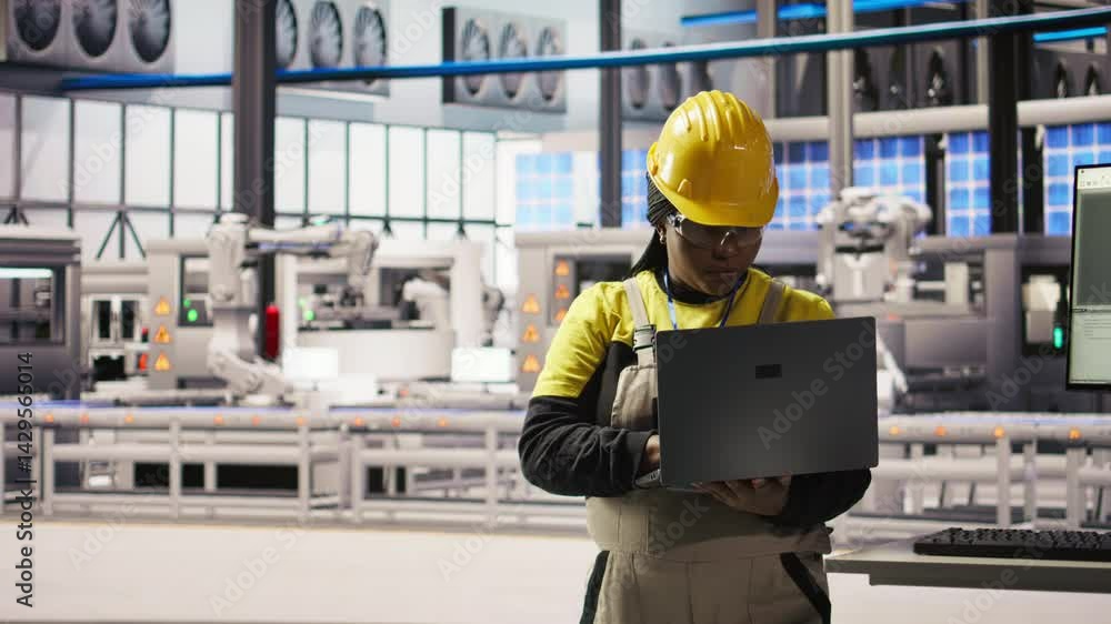 Poster smiling smart factory specialist testing automated systems to ensure reliability. happy engineer in 