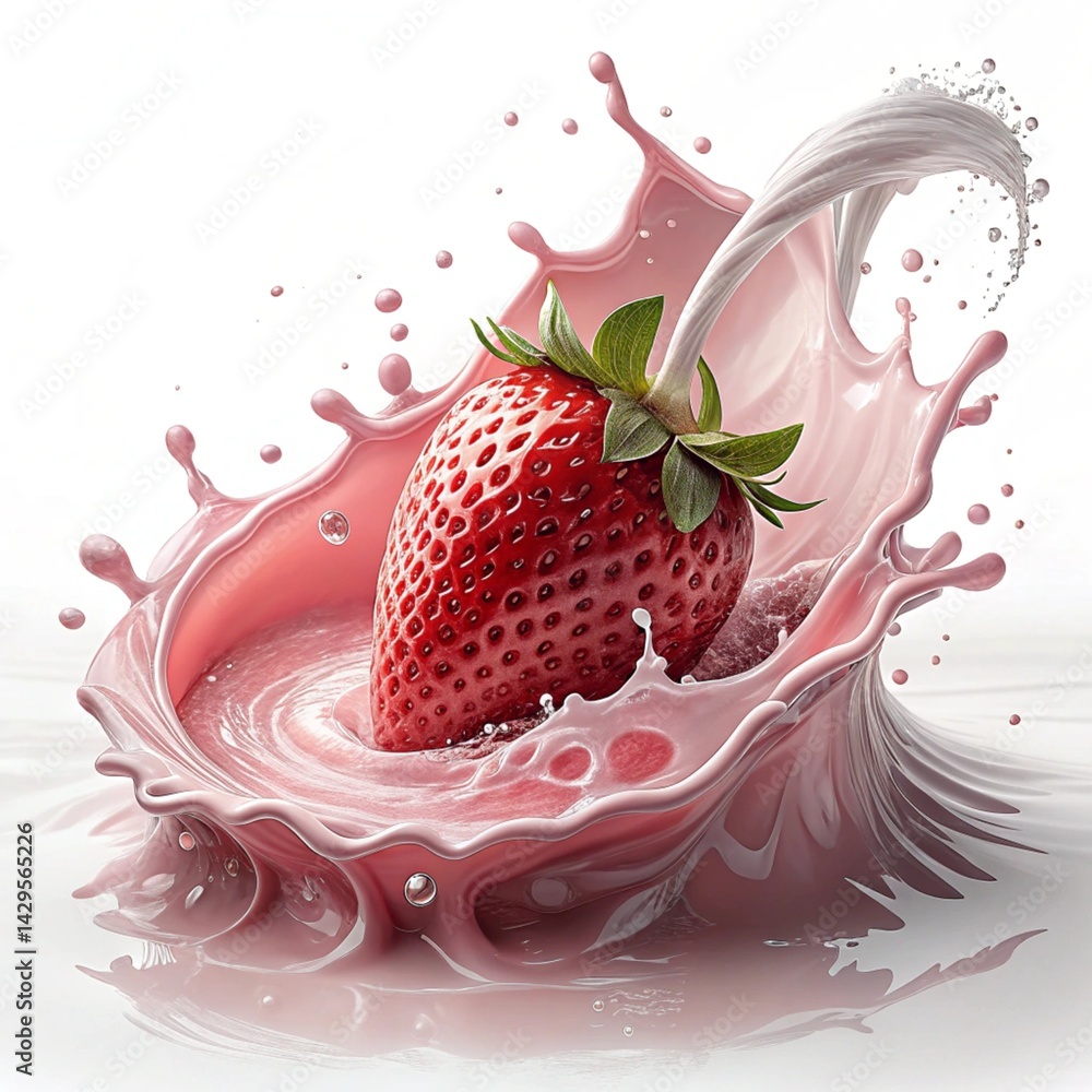 Poster a vibrant strawberry plunging into a creamy pink liquid creating a dynamic splash effect on white cr