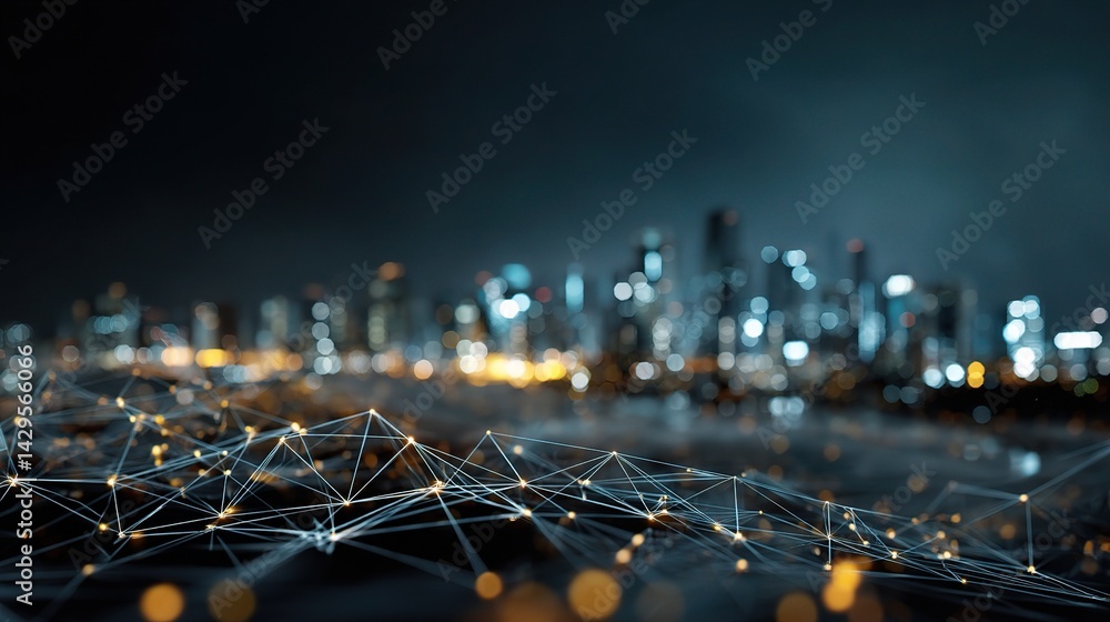 Poster glowing circuits and smart network nodes in abstract cityscape