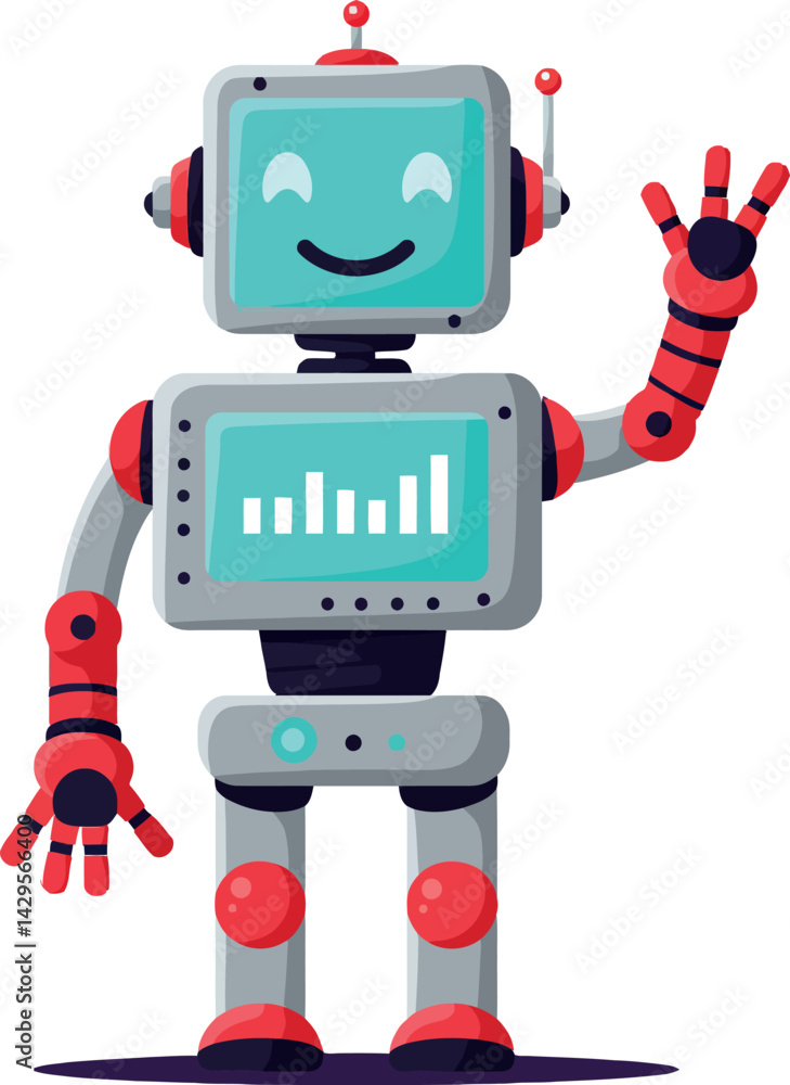 Poster friendly smiling robot with red and gray colors waving hand vector illustration