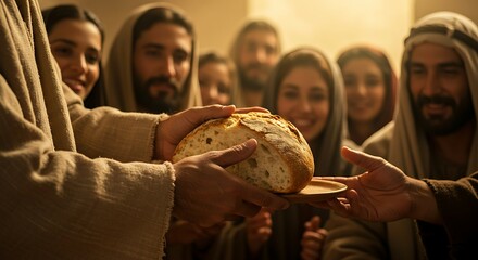 Jesus breaking bread with his disciples, a sacred moment of communion and sharing. The image conveys a sense of unity, love, and spiritual nourishment, symbolizing the strength and power of faith.