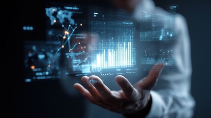 Male Professional Interacting with Holographic Data Screen