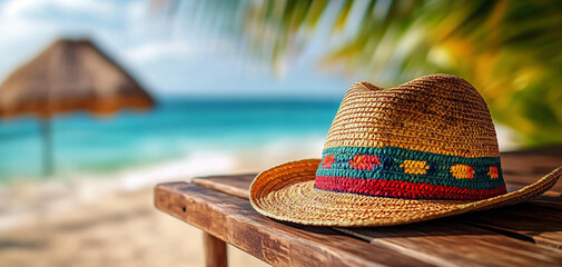 Relaxing tropical getaway image with a straw sombrero on weathered wood, beach background, soft light. Perfect for travel, Cinco de Mayo, vacation ads & designs.