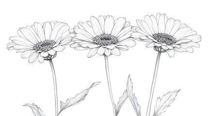 Three Daisies Pencil Sketch Botanical Illustration