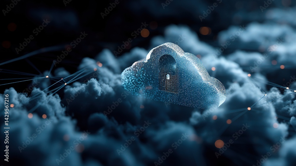 Poster floating cloud interface with padlock symbolizing digital security