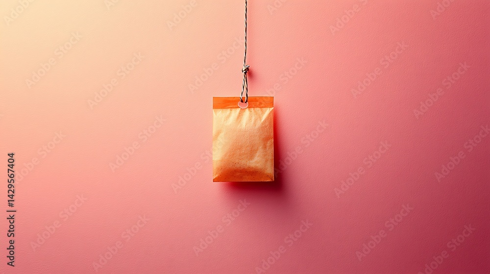 Aufkleber a vibrant orange packet hangs from a string against a soft pink background