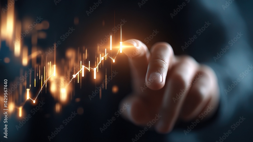 Poster man touching glowing forex trading charts with data visualization lines