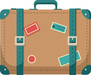 Vintage brown suitcase with travel stickers and teal straps vector illustration 