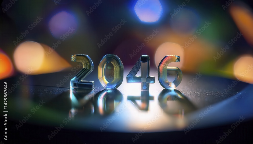 Poster futuristic neon number 2046 with colorful bokeh background