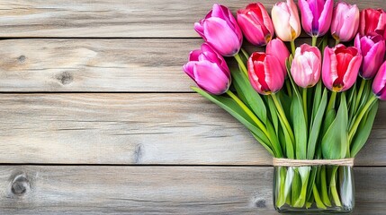 Vibrant tulips in a clear vase on a weathered wooden surface