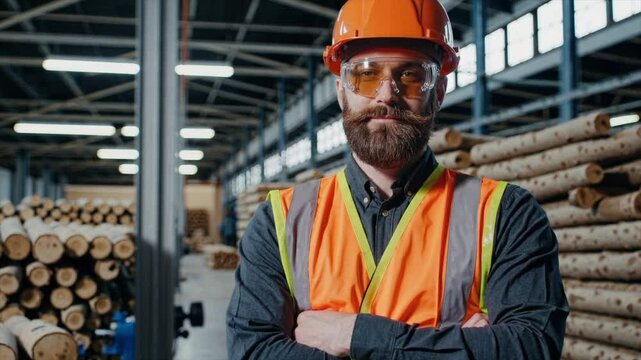 Construction worker in orange safety gear stands confidently in lumber warehouse