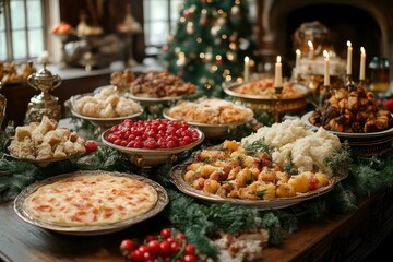 Fototapeta premium Festive Holiday Feast Spread with Gourmet Dishes Candles and Christmas Tree in the Background