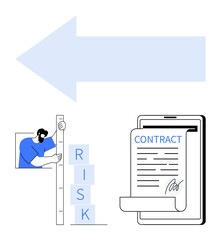 Man measuring risk blocks, digital contract on tablet with arrow for direction. Ideal for risk analysis, contract management, business strategy, legal services, decision-making, digital workflows