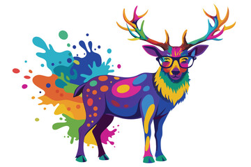Colorful artistic elk in with   colorful paint splatters on white background.