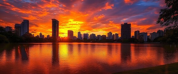 Fiery Sunset Over City Skyline Reflected in Water