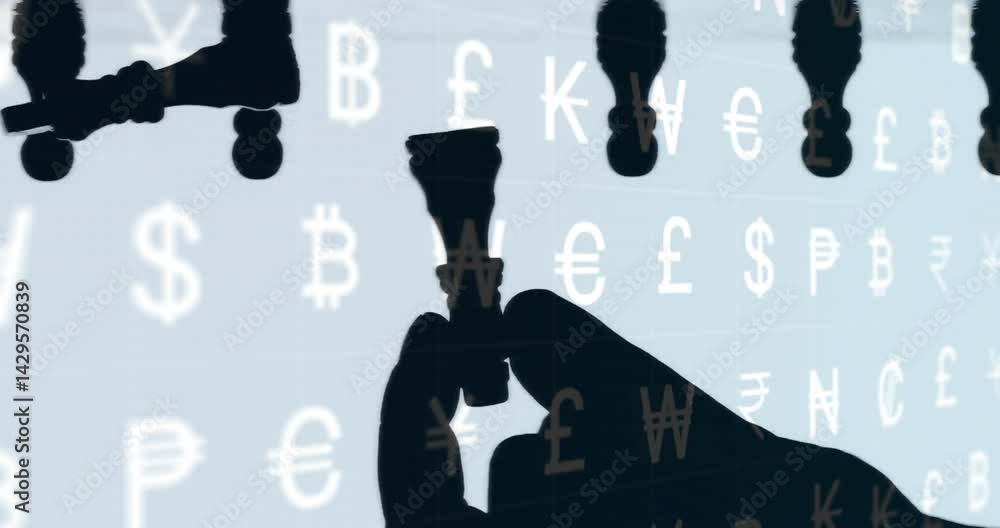 Poster chess being visualized on digital grid, with hands gripping pieces and floating currency symbols