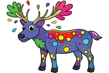 Colorful artistic elk in with   colorful paint splatters on white background.