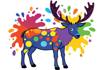 Colorful artistic elk in with   colorful paint splatters on white background.