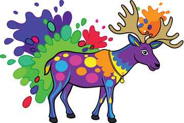 Colorful artistic elk in with   colorful paint splatters on white background.