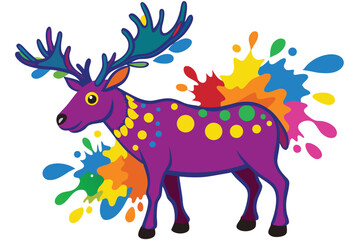 Colorful artistic elk in with   colorful paint splatters on white background.