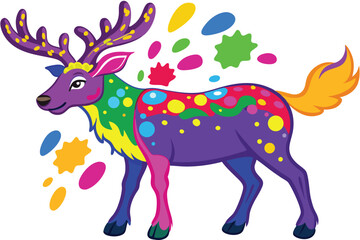 Colorful artistic elk in with   colorful paint splatters on white background.