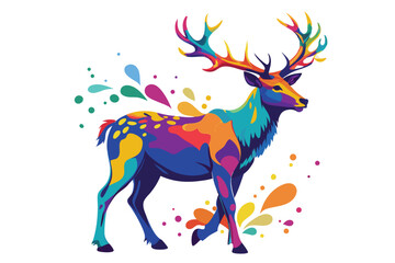 Colorful artistic elk in with   colorful paint splatters on white background.