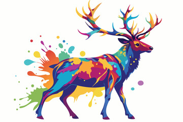 Colorful artistic elk in with   colorful paint splatters on white background.