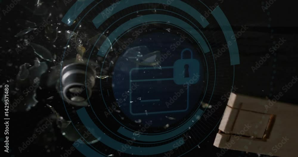 Aufkleber folder icon being shielded by padlock overlay in digital interface rings, showing floating debris