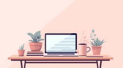 Minimalist flat design workspace, A clean and modern digital workspace with a laptop, coffee, and office supplies in a pastel color palette
