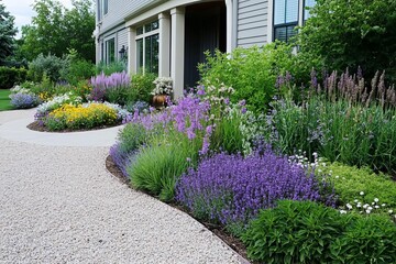 Scenes of a front yard garden with a xeriscape design, featuring drought-tolerant plants, gravel pathways, and a water-efficient landscape