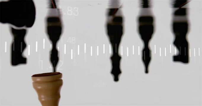 Wooden pawn-shaped workpiece being displayed in 3D render, showing drill bits and measurement ticks