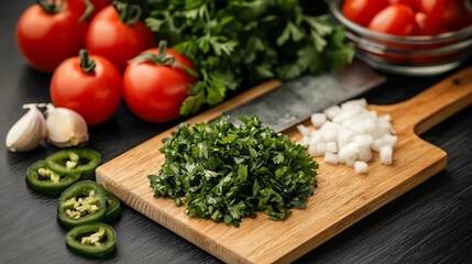 Fresh ingredients tomatoes, onion, parsley, jalape?os, and garlic on a cutting board, prepped for cooking