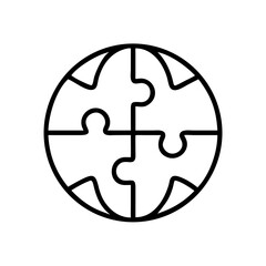Global unity puzzle globe icon in minimal style, black and white, symbolizing teamwork